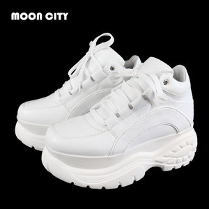 2020 White Fashion Women Platform Sneakers Leather Causal Ladies Chunky Sneakers Woman High PU Black Sports Vulacanize Shoes