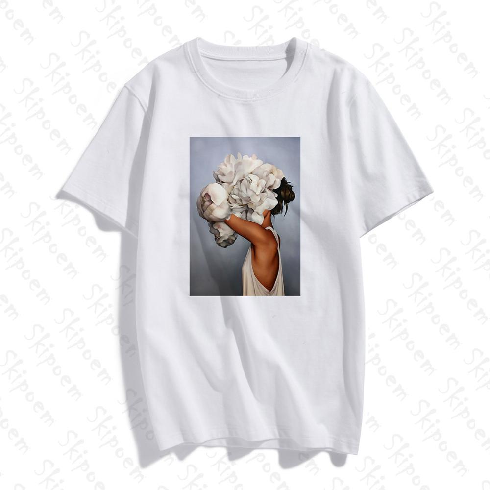 New Cotton Harajuku Aesthetics Tshirt Sexy Flowers Feather Print Short Sleeve Tops & Tees Fashion Casual Couple T Shirt