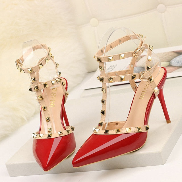 Rivet High Heels Luxury Designer Women Shoes Ladies Pumps Sexy Spring Summer 2019 Fashion Sandals Office Dress White Black Shoes