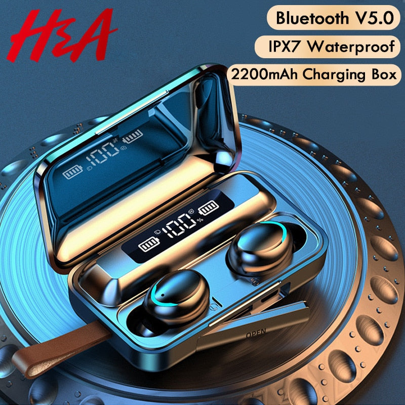 H&A Bluetooth V5.0 Earphones Wireless Headphones With Microphone Sports Waterproof Headsets 2200mAh Charging Box For iOS Android