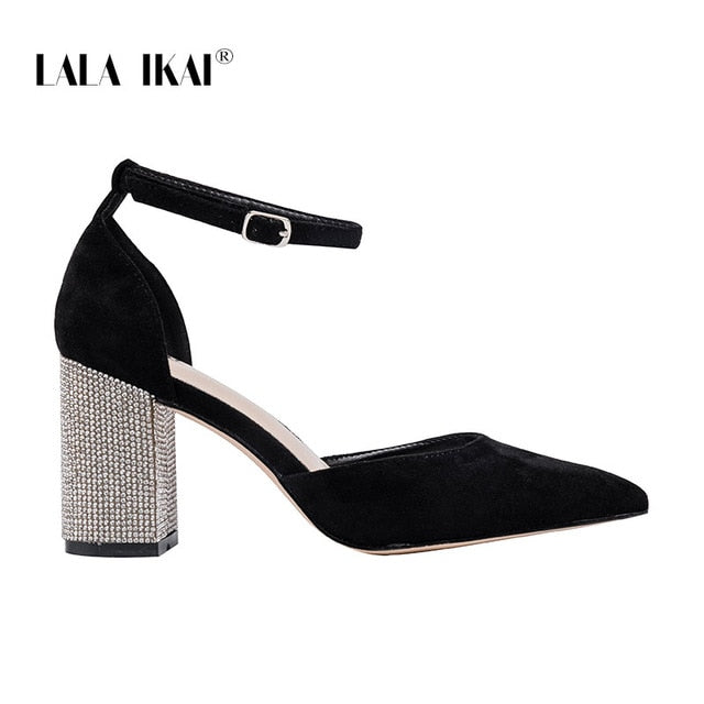 Pre-sale LALA IKAI Wedding Shoes Woman 2020 Pointed Toe Square Crystal Bling High Heels Shoes Buckle Shallow Sandal Party Pumps