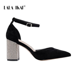 Pre-sale LALA IKAI Wedding Shoes Woman 2020 Pointed Toe Square Crystal Bling High Heels Shoes Buckle Shallow Sandal Party Pumps