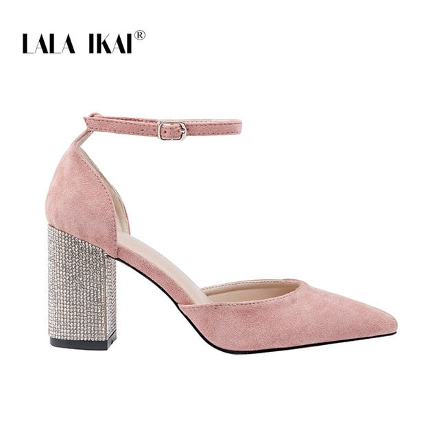 Pre-sale LALA IKAI Wedding Shoes Woman 2020 Pointed Toe Square Crystal Bling High Heels Shoes Buckle Shallow Sandal Party Pumps