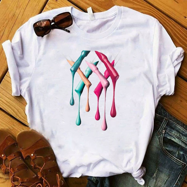 Women T Womens Graphic 3D Finger Nail Paint Color Fashion Cute Printed Top Tshirt Female Tee Shirt Ladies Clothes T-shirt