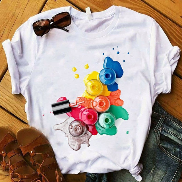 Women T Womens Graphic 3D Finger Nail Paint Color Fashion Cute Printed Top Tshirt Female Tee Shirt Ladies Clothes T-shirt