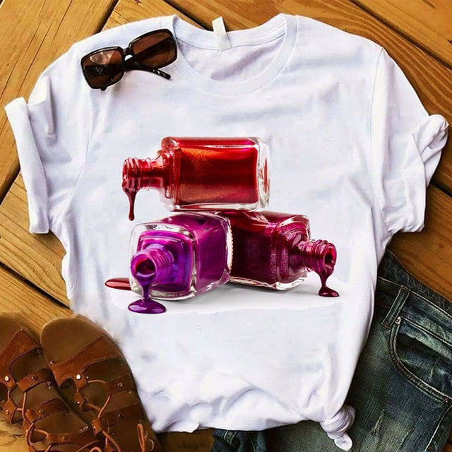 Women T Womens Graphic 3D Finger Nail Paint Color Fashion Cute Printed Top Tshirt Female Tee Shirt Ladies Clothes T-shirt