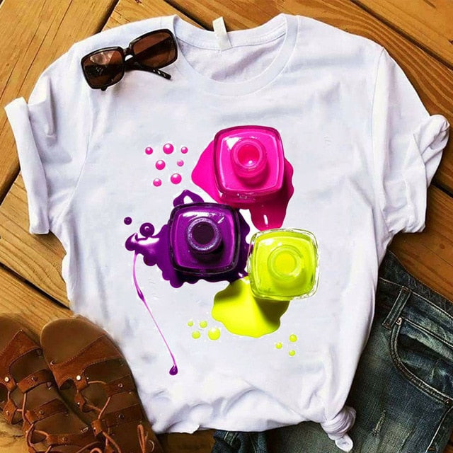 Women T Womens Graphic 3D Finger Nail Paint Color Fashion Cute Printed Top Tshirt Female Tee Shirt Ladies Clothes T-shirt