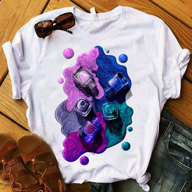 Women T Womens Graphic 3D Finger Nail Paint Color Fashion Cute Printed Top Tshirt Female Tee Shirt Ladies Clothes T-shirt