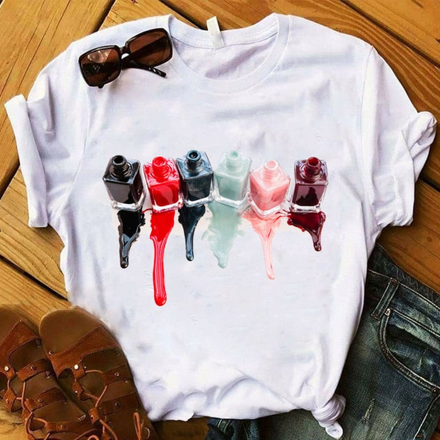 Women T Womens Graphic 3D Finger Nail Paint Color Fashion Cute Printed Top Tshirt Female Tee Shirt Ladies Clothes T-shirt