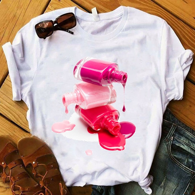 Women T Womens Graphic 3D Finger Nail Paint Color Fashion Cute Printed Top Tshirt Female Tee Shirt Ladies Clothes T-shirt