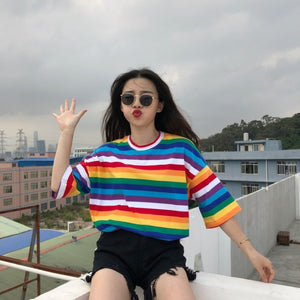 New T Shirt Women Rainbow Striped Tops Harajuku Tshirt  Summer Short Sleeve Korean Punk T-shirt camiseta feminina T8