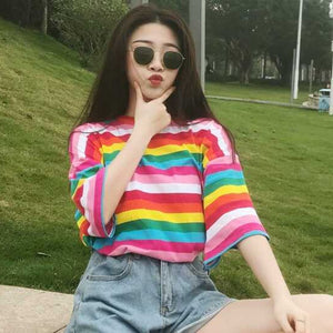 New T Shirt Women Rainbow Striped Tops Harajuku Tshirt  Summer Short Sleeve Korean Punk T-shirt camiseta feminina T8