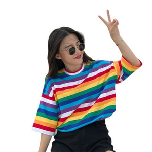 New T Shirt Women Rainbow Striped Tops Harajuku Tshirt  Summer Short Sleeve Korean Punk T-shirt camiseta feminina T8