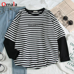 Korean Women shirts letters stripe Kawaii tops O-Neck All-match Students t-shirts autumn Harajuku Loose Clothing Casual T shirt