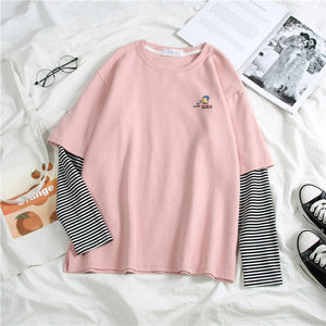 Korean Women shirts letters stripe Kawaii tops O-Neck All-match Students t-shirts autumn Harajuku Loose Clothing Casual T shirt