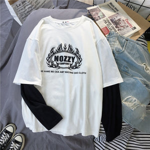 Korean Women shirts letters stripe Kawaii tops O-Neck All-match Students t-shirts autumn Harajuku Loose Clothing Casual T shirt