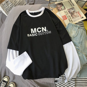 Korean Women shirts letters stripe Kawaii tops O-Neck All-match Students t-shirts autumn Harajuku Loose Clothing Casual T shirt