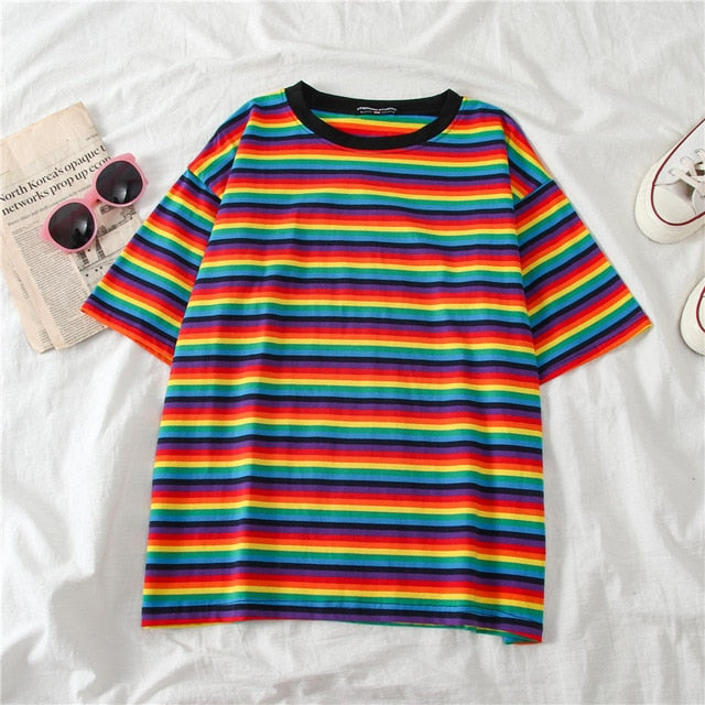 Korean Women shirts letters stripe Kawaii tops O-Neck All-match Students t-shirts autumn Harajuku Loose Clothing Casual T shirt