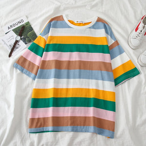 Korean Women shirts letters stripe Kawaii tops O-Neck All-match Students t-shirts autumn Harajuku Loose Clothing Casual T shirt