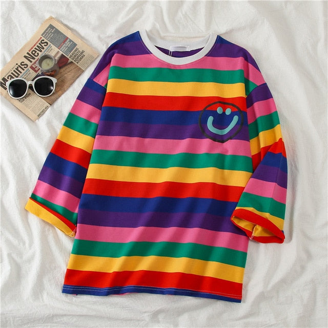 Korean Women shirts letters stripe Kawaii tops O-Neck All-match Students t-shirts autumn Harajuku Loose Clothing Casual T shirt