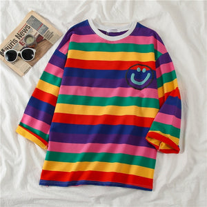 Korean Women shirts letters stripe Kawaii tops O-Neck All-match Students t-shirts autumn Harajuku Loose Clothing Casual T shirt