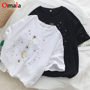 Fashion star embroidery Tee Shirt Femme korean Kawaii T Shirt Women Funny Short Sleeve T-Shirts harajuku white Black Tops Female