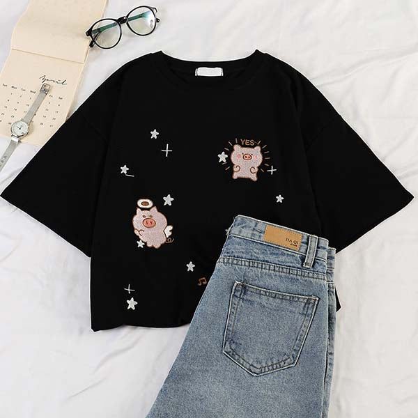 Fashion star embroidery Tee Shirt Femme korean Kawaii T Shirt Women Funny Short Sleeve T-Shirts harajuku white Black Tops Female