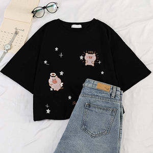 Fashion star embroidery Tee Shirt Femme korean Kawaii T Shirt Women Funny Short Sleeve T-Shirts harajuku white Black Tops Female