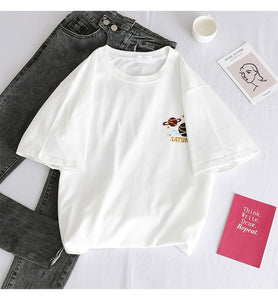 Fashion star embroidery Tee Shirt Femme korean Kawaii T Shirt Women Funny Short Sleeve T-Shirts harajuku white Black Tops Female