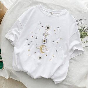 Fashion star embroidery Tee Shirt Femme korean Kawaii T Shirt Women Funny Short Sleeve T-Shirts harajuku white Black Tops Female