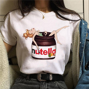 Nutella kawaii impressão t camisa feminina 90s harajuku ullzang moda camiseta gráfico bonito dos desenhos animados camiseta estilo coreano