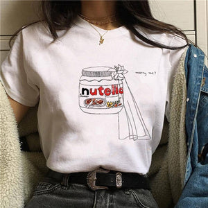 Nutella kawaii impressão t camisa feminina 90s harajuku ullzang moda camiseta gráfico bonito dos desenhos animados camiseta estilo coreano