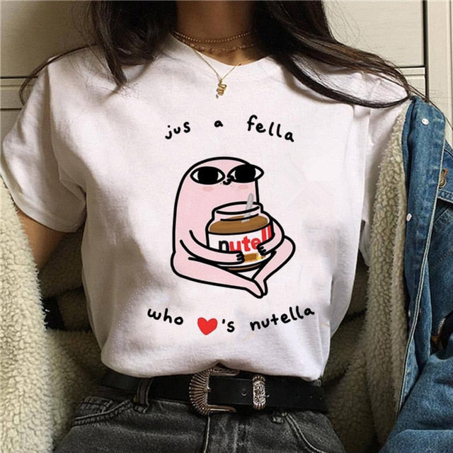 Nutella kawaii impressão t camisa feminina 90s harajuku ullzang moda camiseta gráfico bonito dos desenhos animados camiseta estilo coreano