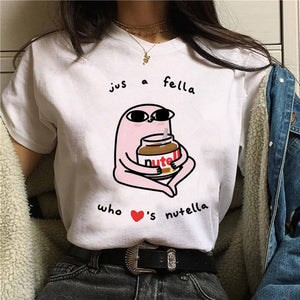 Nutella kawaii impressão t camisa feminina 90s harajuku ullzang moda camiseta gráfico bonito dos desenhos animados camiseta estilo coreano