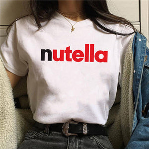 Nutella kawaii impressão t camisa feminina 90s harajuku ullzang moda camiseta gráfico bonito dos desenhos animados camiseta estilo coreano