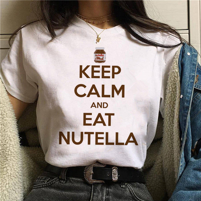 Nutella kawaii impressão t camisa feminina 90s harajuku ullzang moda camiseta gráfico bonito dos desenhos animados camiseta estilo coreano