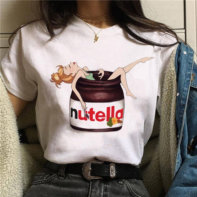 Nutella kawaii impressão t camisa feminina 90s harajuku ullzang moda camiseta gráfico bonito dos desenhos animados camiseta estilo coreano