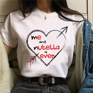 Nutella kawaii impressão t camisa feminina 90s harajuku ullzang moda camiseta gráfico bonito dos desenhos animados camiseta estilo coreano