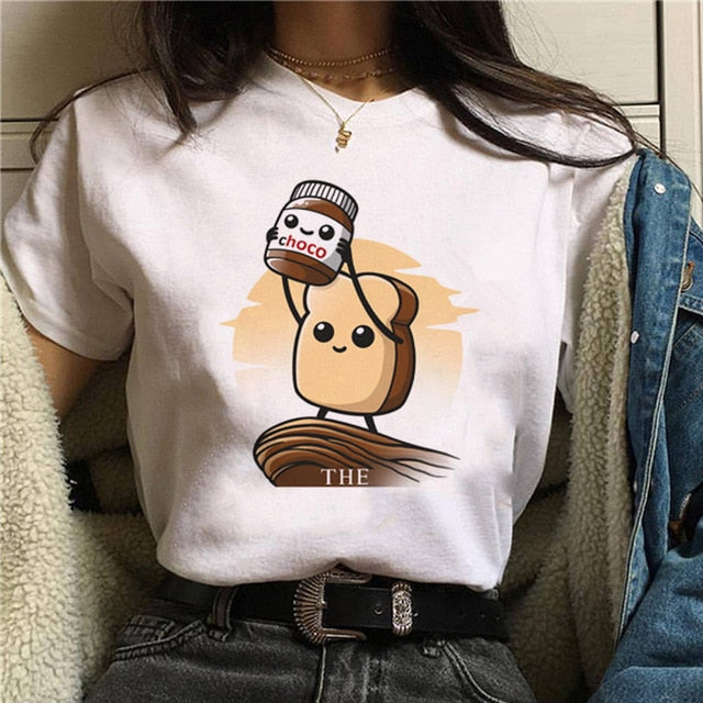 Nutella kawaii impressão t camisa feminina 90s harajuku ullzang moda camiseta gráfico bonito dos desenhos animados camiseta estilo coreano
