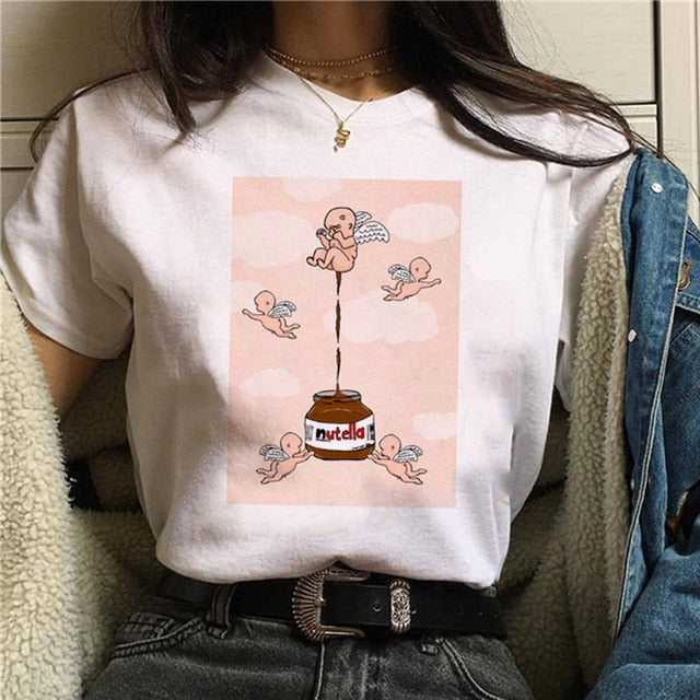 Nutella kawaii impressão t camisa feminina 90s harajuku ullzang moda camiseta gráfico bonito dos desenhos animados camiseta estilo coreano