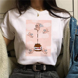 Nutella kawaii impressão t camisa feminina 90s harajuku ullzang moda camiseta gráfico bonito dos desenhos animados camiseta estilo coreano