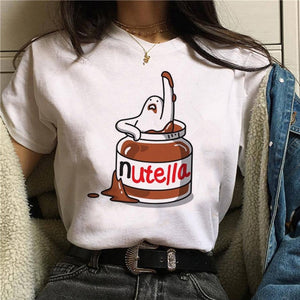Nutella kawaii impressão t camisa feminina 90s harajuku ullzang moda camiseta gráfico bonito dos desenhos animados camiseta estilo coreano