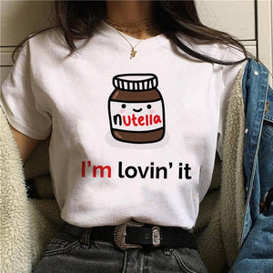 Nutella kawaii impressão t camisa feminina 90s harajuku ullzang moda camiseta gráfico bonito dos desenhos animados camiseta estilo coreano