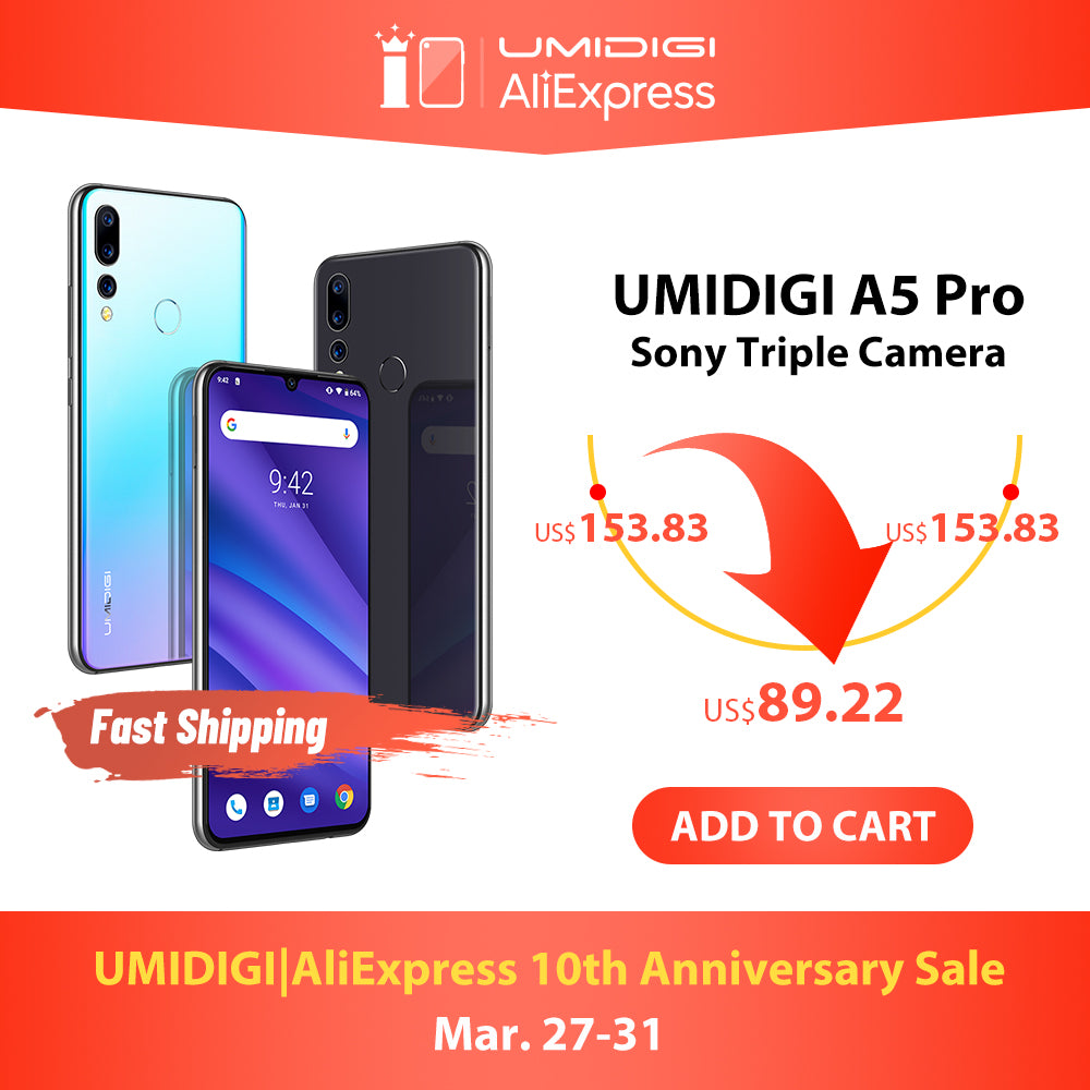 Global Version UMIDIGI A5 PRO Android 9.0 Octa Core 6.3' FHD+ Waterdrop 16MP Triple Camera 4150mAh 4GB RAM 4G Celular Smartphone